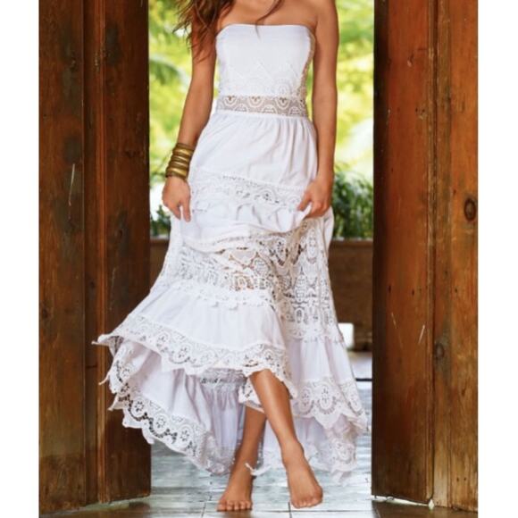 Boston Proper White Poplin Lace Strapless Maxi Dress Size 10 - Picture 3 of 11